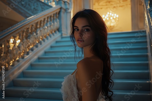 Woman Brown Curly Hair Elegant Mansion Staircase