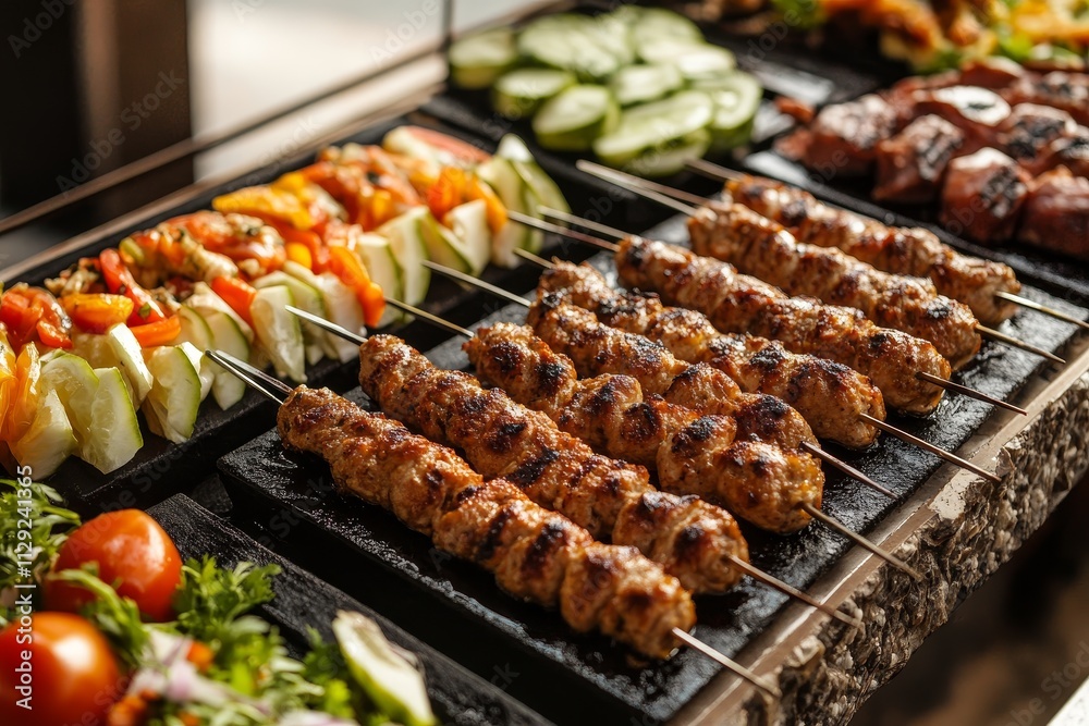 Grilled meat skewers with vegetables on display.