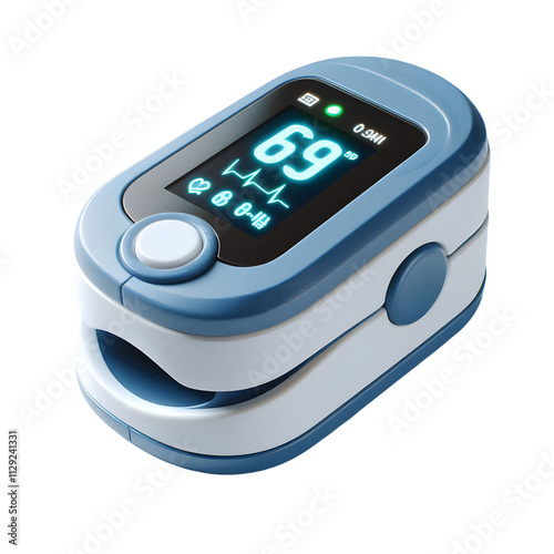 The image is of a pulse oximeter, The pulse oximeter has a blue and white body with a digital display showing a reading of 33 for blood