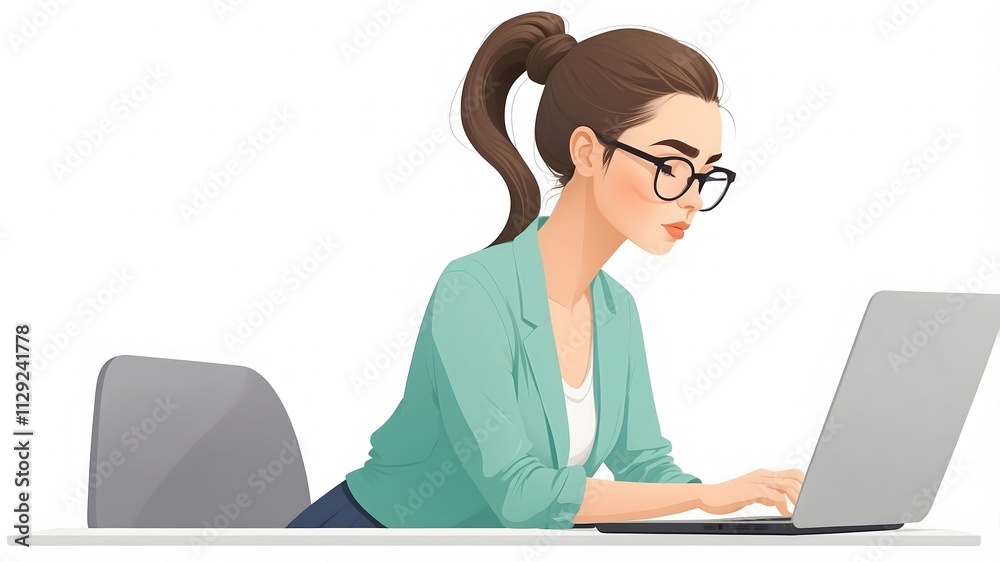 A focused woman working on a laptop in a modern office setting. A focused woman working on a laptop in a modern office setting.