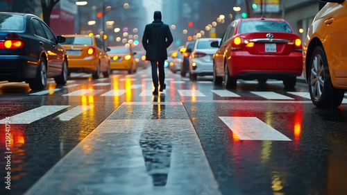 Wallpaper Mural A pedestrian crossing a busy street, with cars and lights blurred in the background Torontodigital.ca