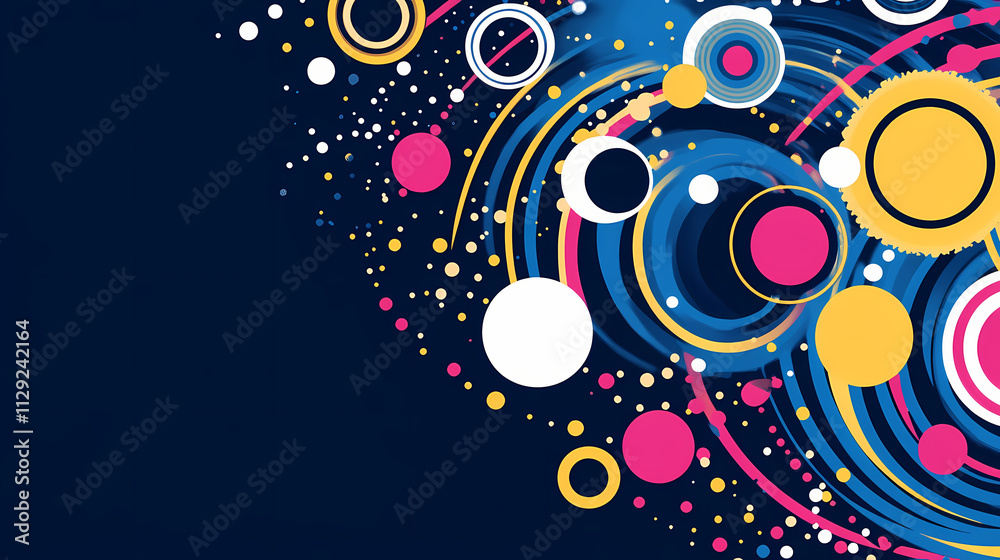 A vibrant abstract composition of concentric circles in various colors, including blue, pink, yellow, and white, against a dark blue background. Whirlpool. Illustration A vibrant abstract composition of concentric circles in various colors, including blue, pink, yellow, and white, against a dark blue background. Whirlpool. Illustration