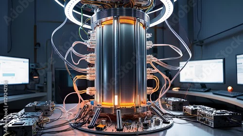 Advanced Quantum Computing Device in High-Tech Laboratory with Illuminated Core and Surrounding Equipment

 photo