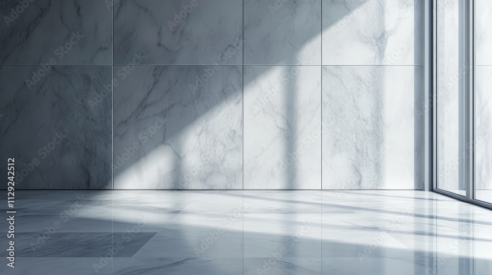 A minimalist interior featuring marble walls and floor with soft light casting shadows. A minimalist interior featuring marble walls and floor with soft light casting shadows.