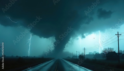 Massive tornado and lightning strike on an open road in a stormy landscape