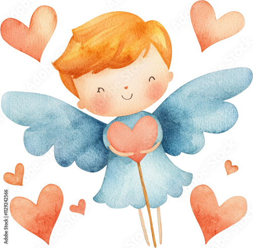 Cute Watercolor Angel Boy with Hearts Valentine s Day Card Love Romantic