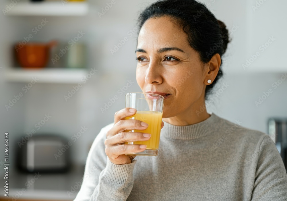 Smiling woman drinking fresh orange juice in modern kitchen, enjoying healthy lifestyle Smiling woman drinking fresh orange juice in modern kitchen, enjoying healthy lifestyle