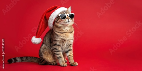Merry Christmas concept holiday vacation winter animal pet greeting card - Cool santa claus cat with sunglasses and santa hat, isolated on red background
