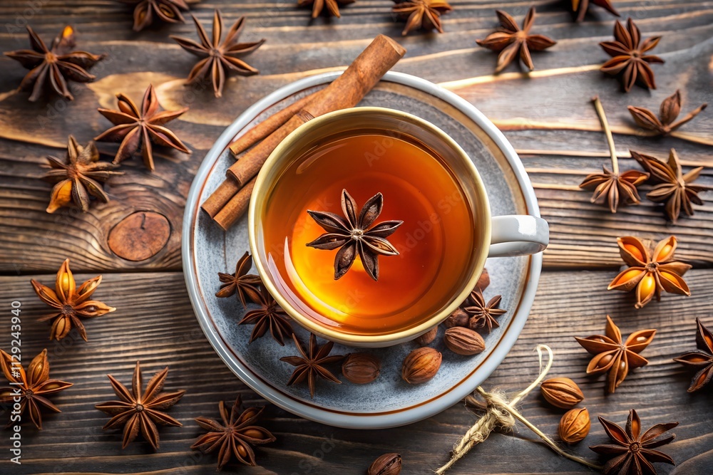 A cup of tea with loose tea leaves and star anise.. A cup of tea with loose tea leaves and star anise..