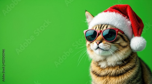 Wallpaper Mural Merry Christmas concept holiday vacation winter animal pet greeting card - Cool santa claus cat with sunglasses and santa hat, isolated on red background Torontodigital.ca