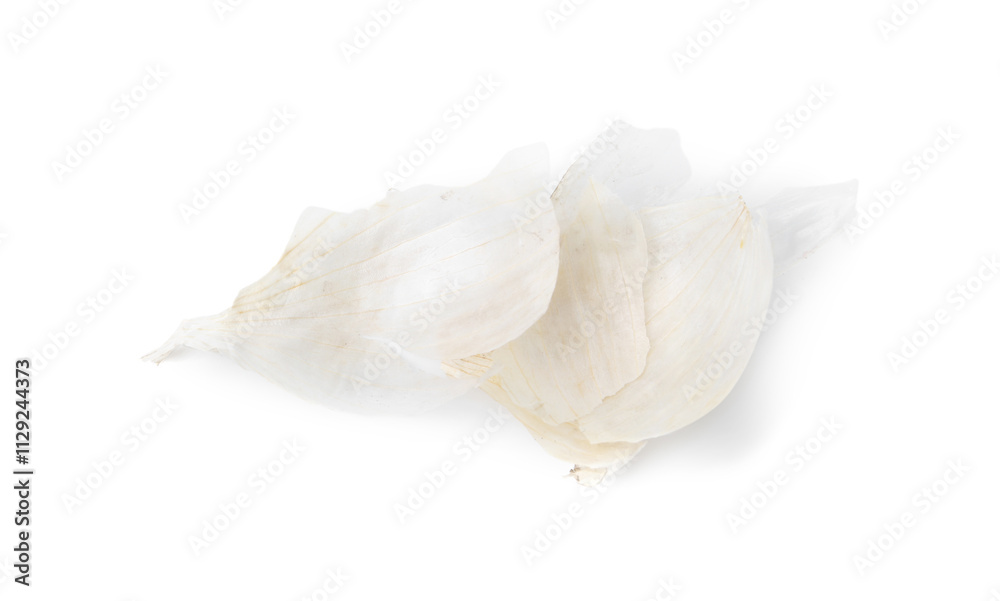 Onion peels isolated on white, top view Onion peels isolated on white, top view