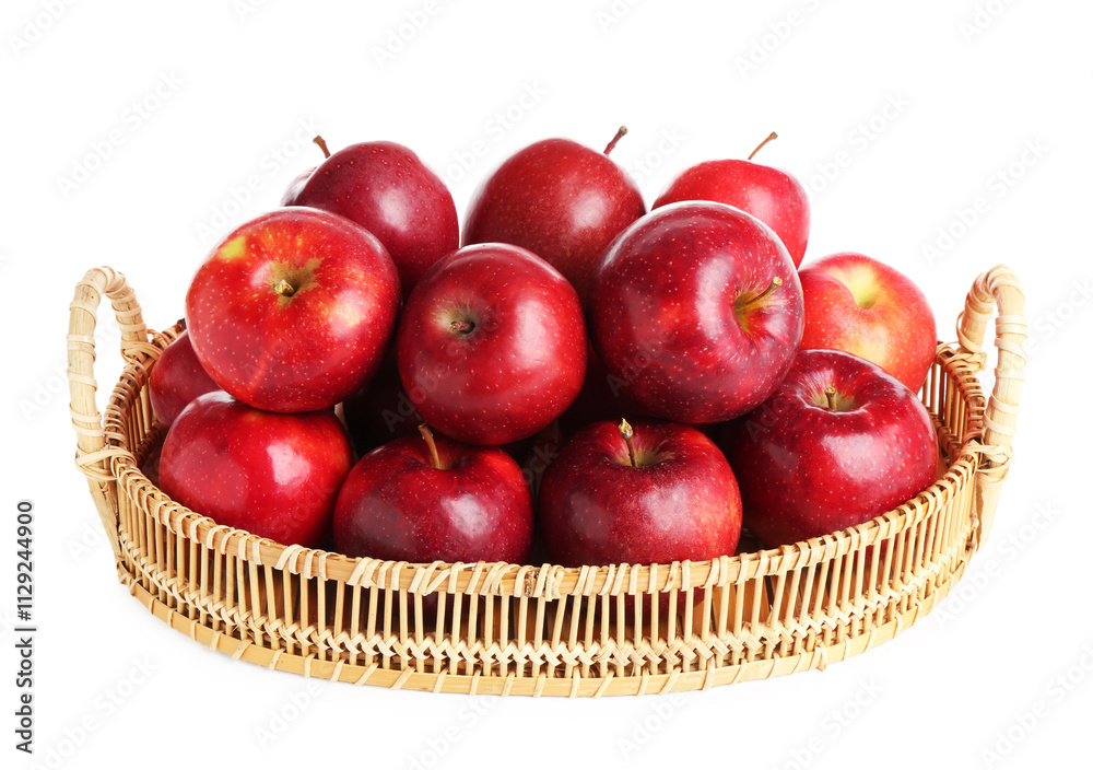 Fresh ripe red apples in wicker tray isolated on white Fresh ripe red apples in wicker tray isolated on white