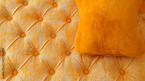 Close-up of Yellow Velvet Sofa with Buttons and Vintage Pillow in Luxury Interior Design
