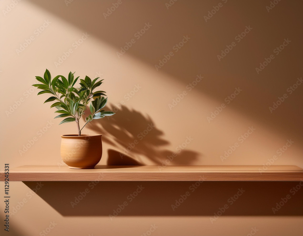 Minimalist Shelf with Plant and Shadows Against Mocha Mousse Background Minimalist Shelf with Plant and Shadows Against Mocha Mousse Background