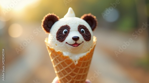 Adorable panda-themed ice cream cone in sunny outdoors