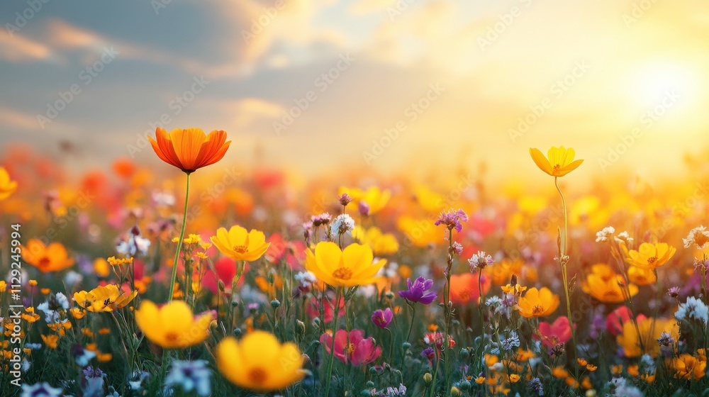 Fototapeta premium Vibrant Field of Wildflowers Glowing in the Warm Light of Sunrise with a Beautiful Sky and Gentle Breeze Enhancing Nature's Serenity
