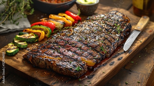 Grilled flank steak and colorful vegetables on rustic wooden board