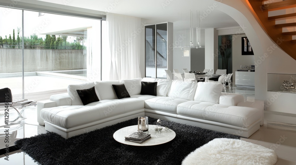 Fototapeta premium Modern living room with a sleek design, featuring a white sectional sofa and minimalist decor.