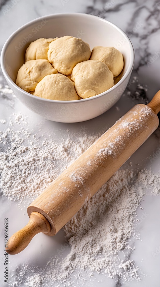 Close-up of a bowl of dough balls and a rolling pin on a marble countertop, capturing the essence of baking. Close-up of a bowl of dough balls and a rolling pin on a marble countertop, capturing the essence of baking.