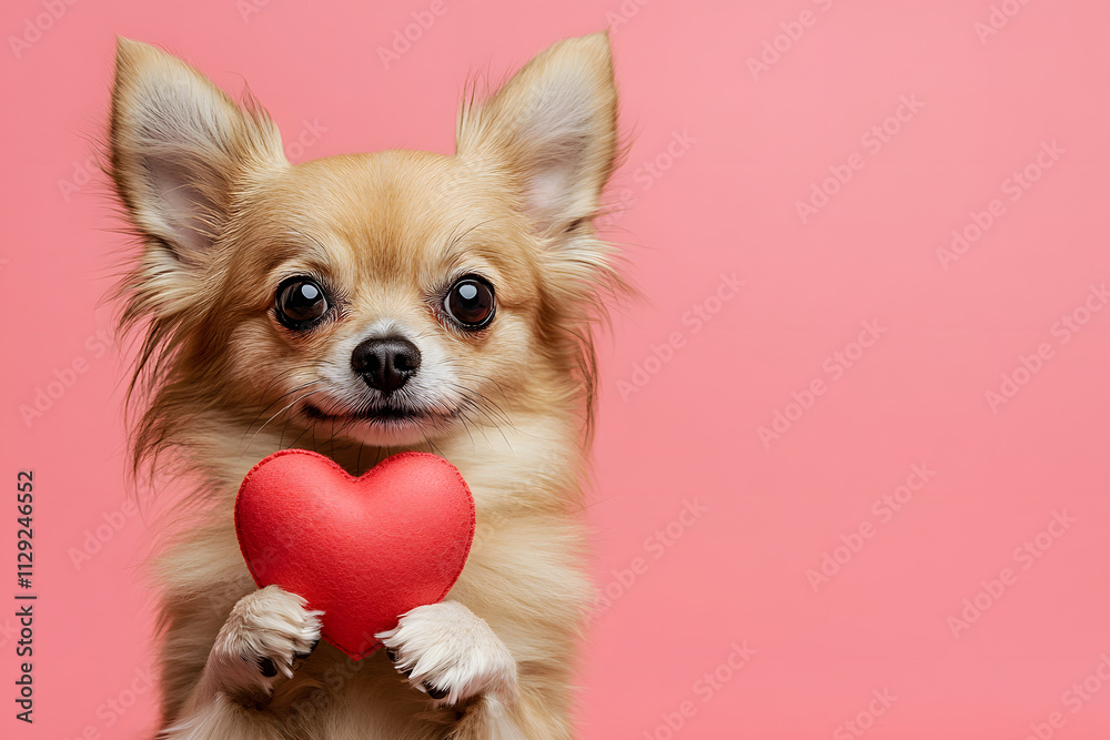 Cute dog holding red heart for Valentine's Day on background. Cute dog holding red heart for Valentine's Day on background.