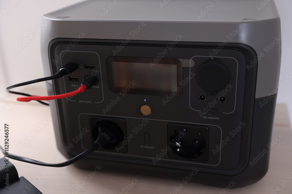 Fototapeta premium Portable power station with cables on table indoors, closeup