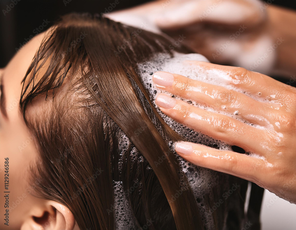 Fototapeta premium Mycie włosów szamponem do włosów