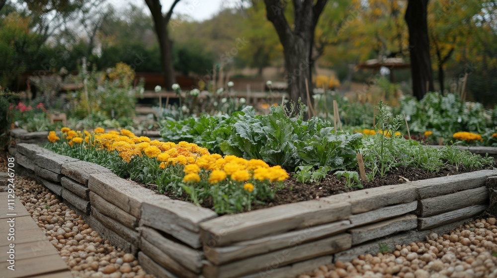 Naklejka premium Vibrant Garden Bed with Yellow Marigolds and Leafy Greens Surrounded by Natural Landscape in Autumn Setting