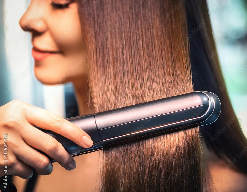 Fototapeta premium Prostowanie włosów prostownicą