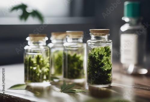 Frasco de vidrio con hoja de cannabis rodeado de brotes en un entorno natural y cálido.