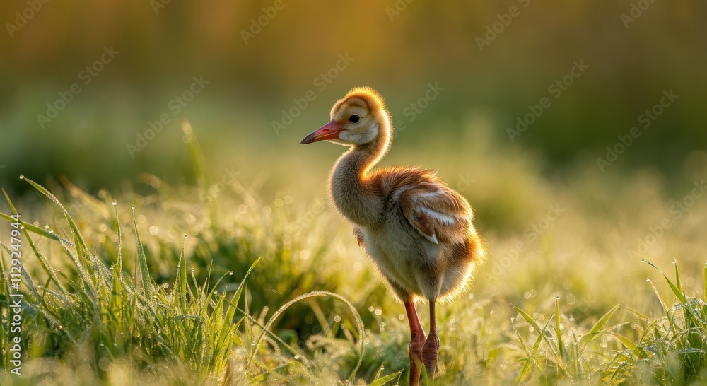 Young duckling in dewy grass at sunrise