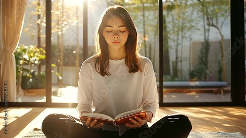 A young woman sits cross-legged on the floor, carefully categorizing her books in a bright, modern living room, the space illuminated by soft, natural spring light.