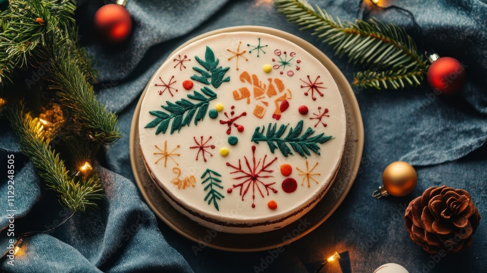 Festive Christmas Cake on Blue Velvet