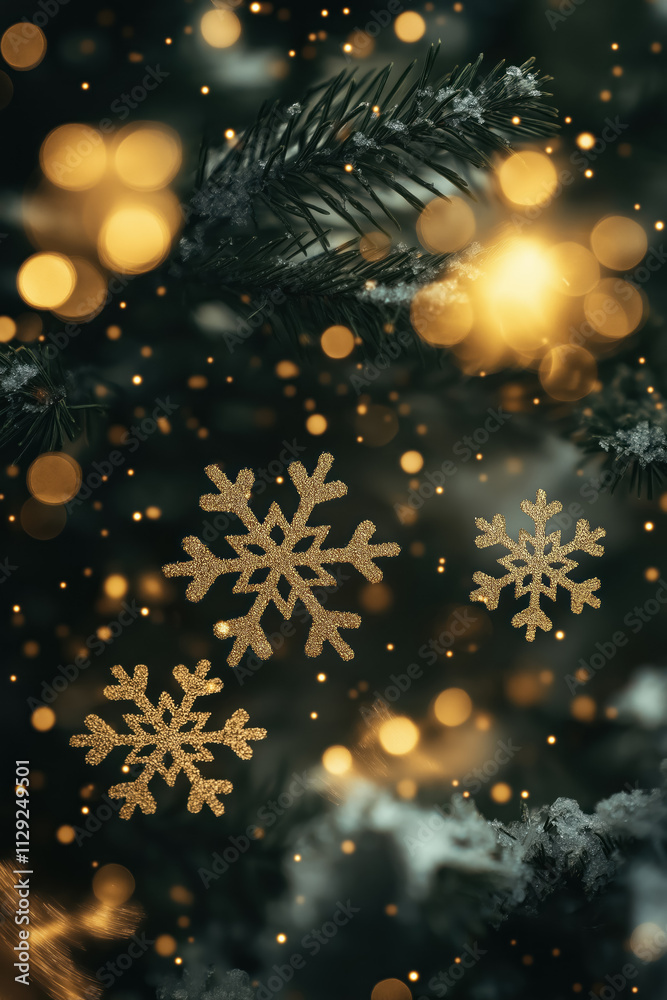 golden snowflakes glowing with festive lights on a frosted pine tree macro background golden snowflakes glowing with festive lights on a frosted pine tree macro background