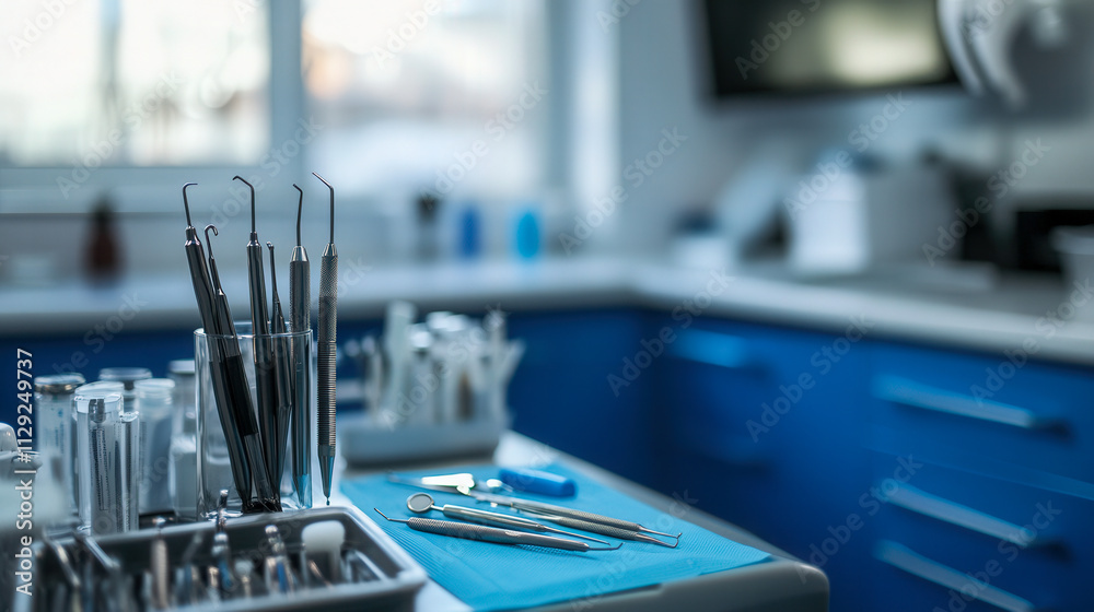 Dentist tools neatly arranged on a sterile tray Dentist tools neatly arranged on a sterile tray