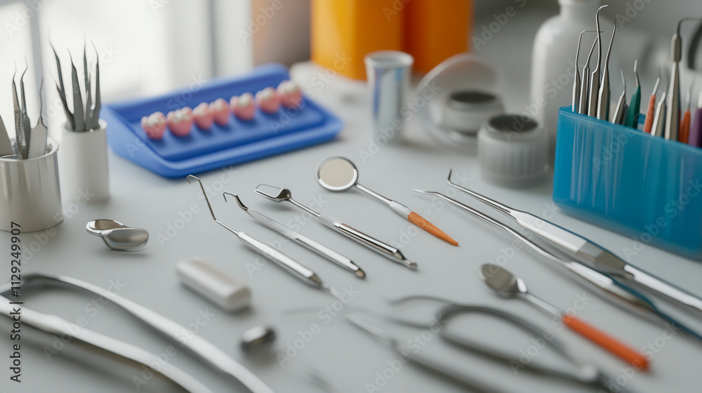 Dentist tools neatly arranged on a sterile tray Dentist tools neatly arranged on a sterile tray