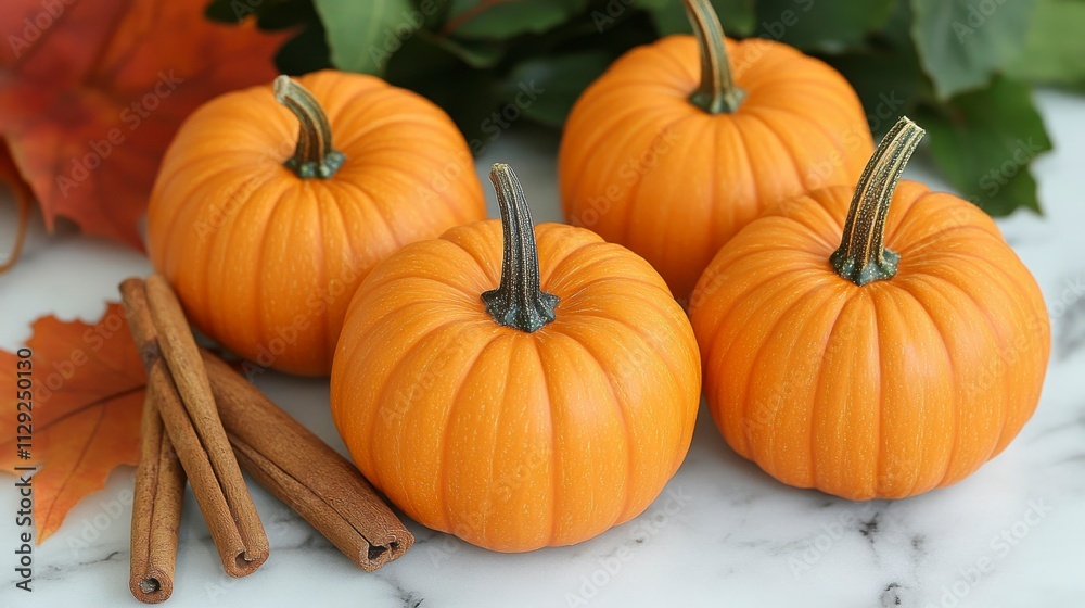 Fall-themed background with mini orange pumpkins placed alongside fall leaves and cinnamon sticks on a marble surface for a seasonal aesthetic