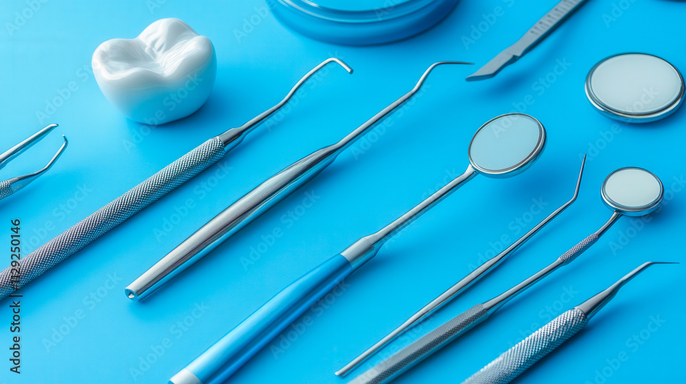 Dentist tools neatly arranged on a sterile tray Dentist tools neatly arranged on a sterile tray