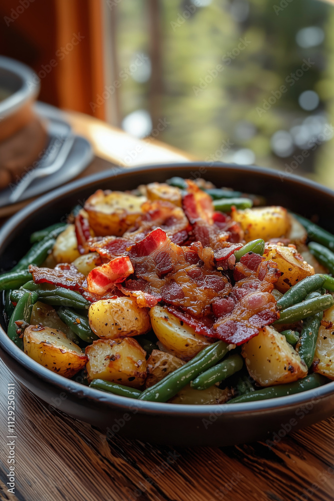 Country ranch green beans and potatoes in a rustic setting with bacon glaze Country ranch green beans and potatoes in a rustic setting with bacon glaze