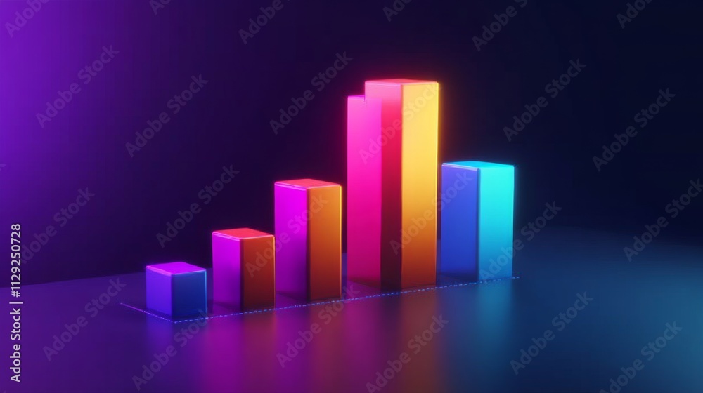 Colorful 3D Bar Graph with Neon Light Effect on Dark Background Colorful 3D Bar Graph with Neon Light Effect on Dark Background