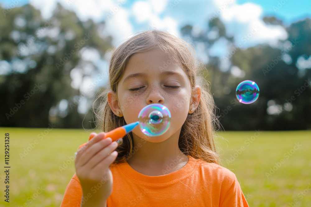 Young caucasian girl blowing bubbles outdoors in sunlit park Young caucasian girl blowing bubbles outdoors in sunlit park