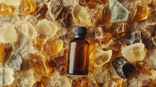 frankincense essential oil in a bottle. Selective focus.