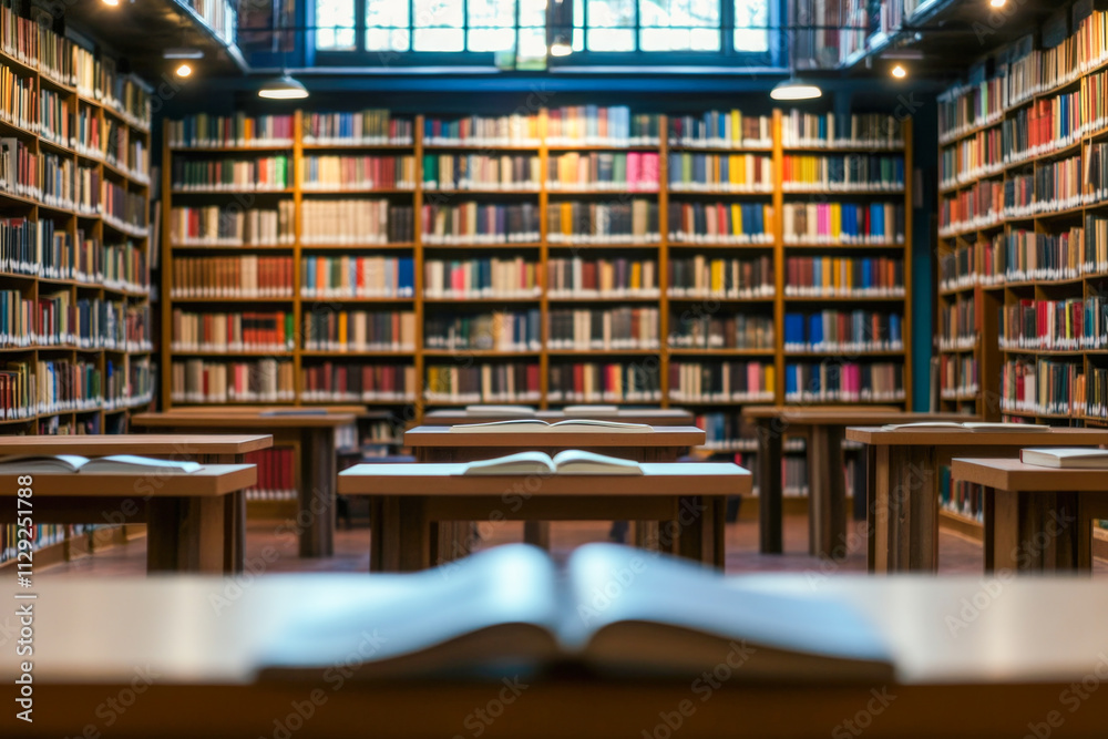 Quiet public library with open books on wooden tables and bookshelves Quiet public library with open books on wooden tables and bookshelves