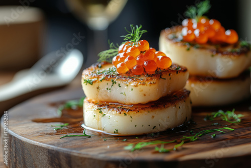 Potato pancakes with vibrant red caviar on a rustic platter photo