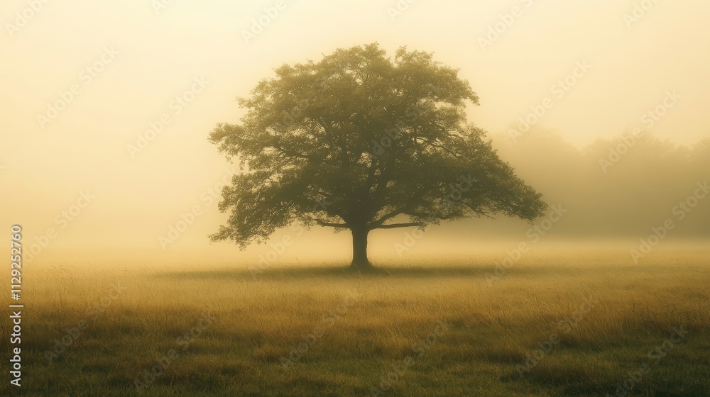 A solitary tree stands in a misty field, evoking tranquility and nature's beauty. A solitary tree stands in a misty field, evoking tranquility and nature's beauty.