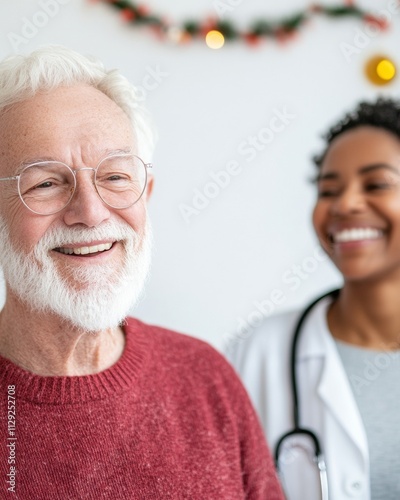 Celebrating Equity Elderly Couple with Health Advisor on International Universal Health Coverage Day, Christmas, and World Health Day