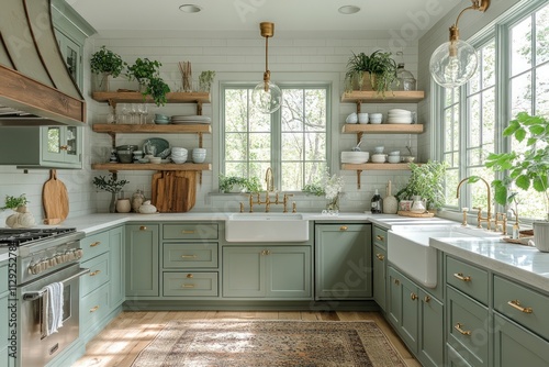 Farmhouse kitchen with sage green cabinets, white quartz countertops, and open shelving. (2)