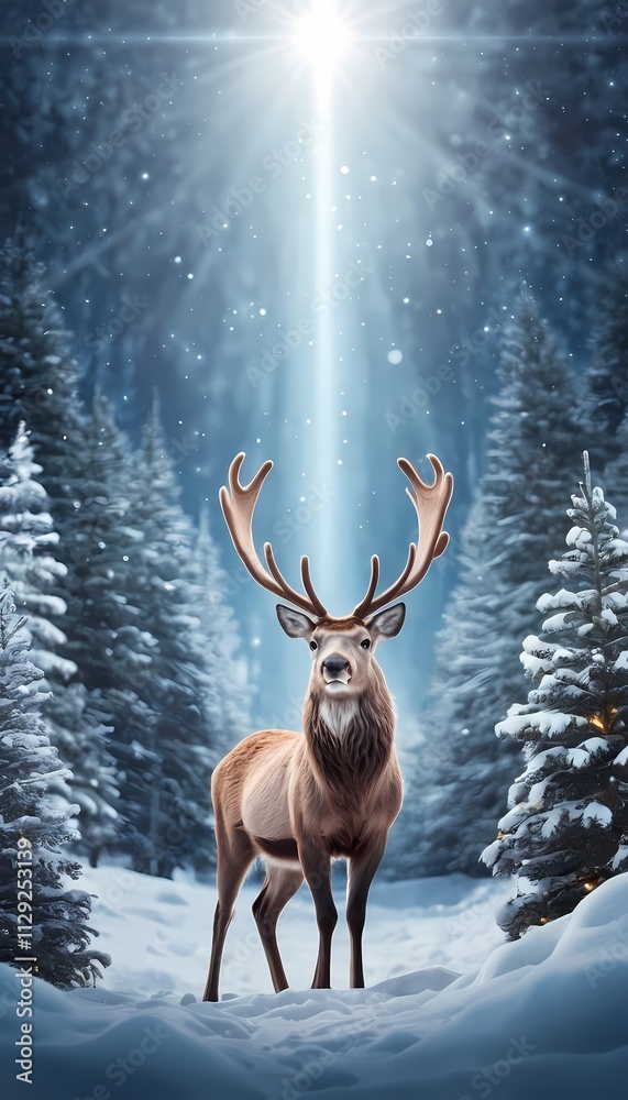 A cheerful reindeer stands in a snowy forest under glowing stars, creating a magical holiday scene A cheerful reindeer stands in a snowy forest under glowing stars, creating a magical holiday scene