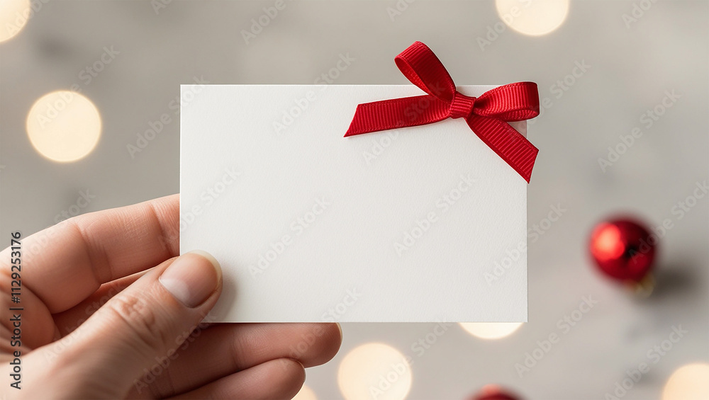 Hand holding a white card note with red ribbon bow for christmas and new year celebration greeting, banner Hand holding a white card note with red ribbon bow for christmas and new year celebration greeting, banner