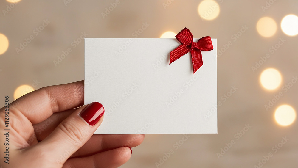 Hand holding a white card note with red ribbon bow for christmas and new year celebration greeting, banner Hand holding a white card note with red ribbon bow for christmas and new year celebration greeting, banner
