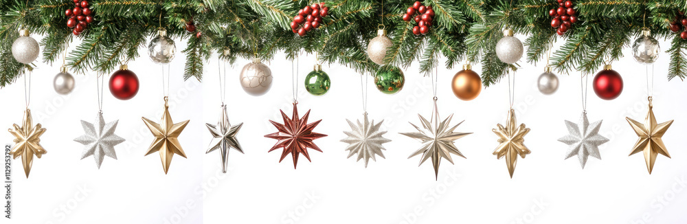 christmas festive holiday decoration with a border of pine branches, red berries, and various Christmas ornaments in red, white, and silver hues. The decorations hang from the top, l christmas festive holiday decoration with a border of pine branches, red berries, and various Christmas ornaments in red, white, and silver hues. The decorations hang from the top, l